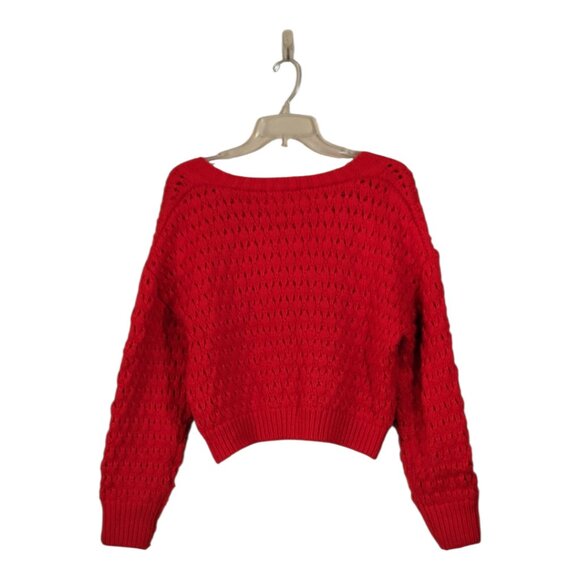 Hazel Moon Red Open Knit Pearl Button Up Sweater V-Neck Long Sleeve Women's Sz M - Picture 13 of 13